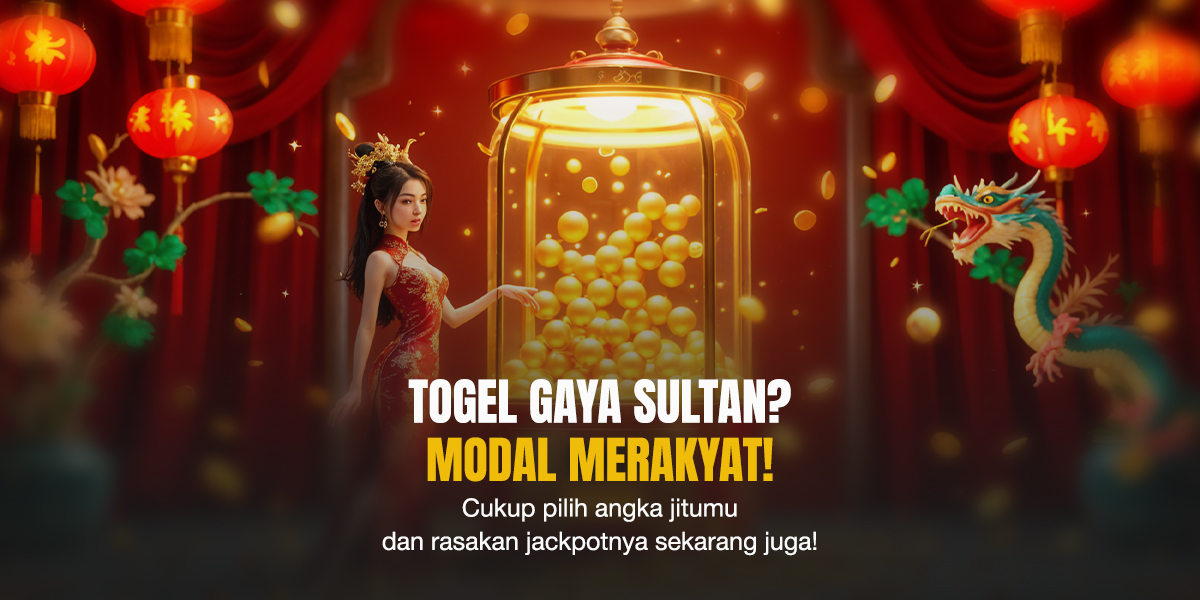 Undian bola emas bergaya oriental dengan naga, wanita berpakaian cheongsam merah, dan vibe kemewahan Togel Jackpot.